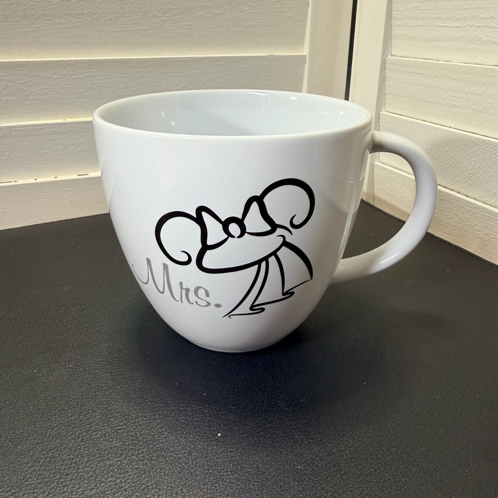 Disney “Mrs” White Ceramic Mug with Black Logo Accent and Mouse ears